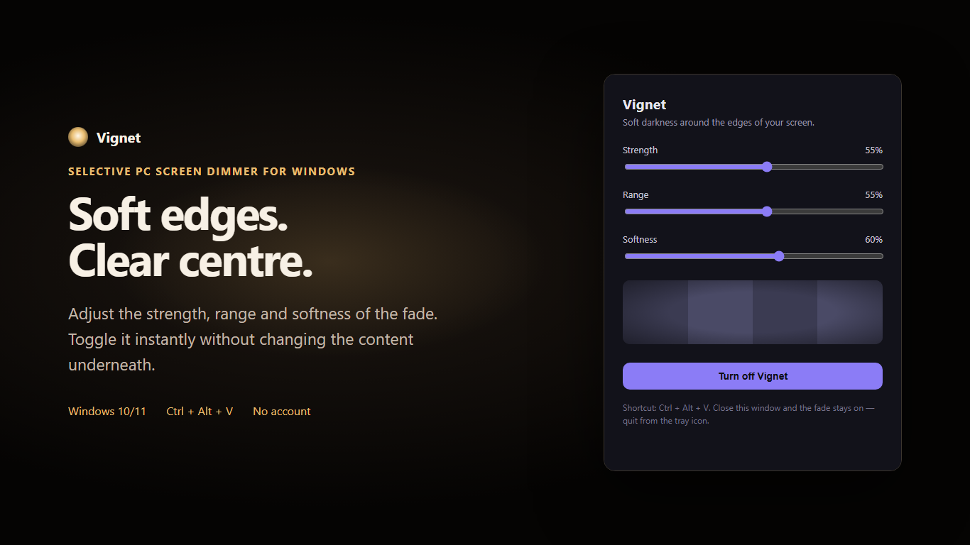 Vignet for Windows showing its strength, range and softness controls